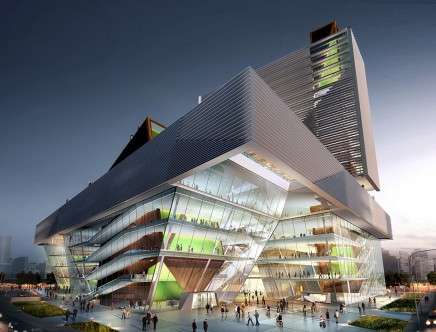 Joel Sanders Architect with FreelandBuck, "Kunshan Phoenix Cultural Mall." Night.