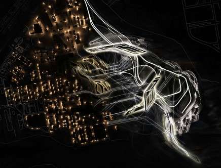 Melissa BALCAZAR & Amir KARIMPOUR, "Intermodal Urbanism." Satellite plan, night view.