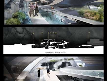 Melissa BALCAZAR & Amir KARIMPOUR, "Intermodal Urbanism." Renders and section.
