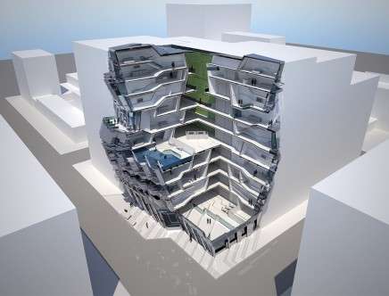 Brett Dong Ha LEE, "Shifting Hybrids: Transformations for a New Hotel and Residential Building in TriBeCa, NYC." Perspectival section.