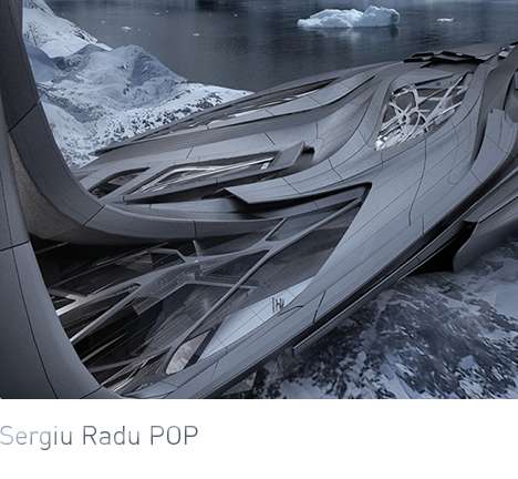Sergiu Radu POP, "Transformable Antarctic Research Facility." Bird's-eye persepective, rendering.