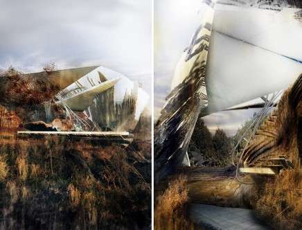 Daniel CAVEN, "7004 house." Exterior perspective rendering; interior perspective rendering.