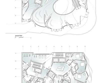 Angela HUANG, "ebb_N_flow." Ground floor plan; typical unit floor plan.