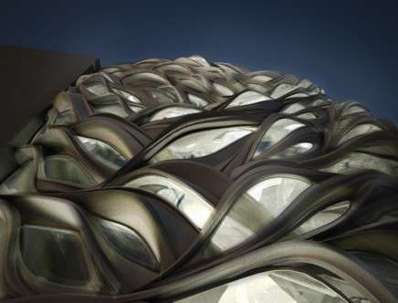 Angela HUANG, "ebb_N_flow." Facade, nighttime rendering.