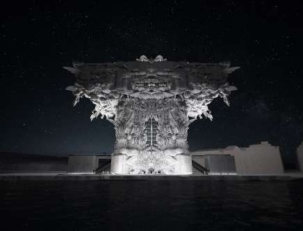 Mark Foster Gage Architects, "Helsinki Guggenheim (unsubmitted)." Nighttime rendering.