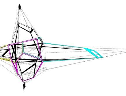 Jennifer BIRKELAND, Hiroshi JACOBS, John-Paul RYSAVY, & Jonathan A. SCELSA, "The Anamorphic Hut." Diagram.