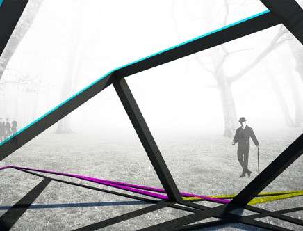 Jennifer BIRKELAND, Hiroshi JACOBS, John-Paul RYSAVY, & Jonathan A. SCELSA, "The Anamorphic Hut." Interior rendering.