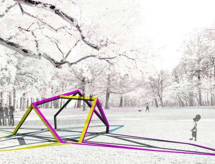 Jennifer BIRKELAND, Hiroshi JACOBS, John-Paul RYSAVY, & Jonathan A. SCELSA, "The Anamorphic Hut." Exterior rendering.