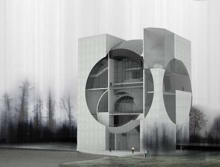 Yihan LI, "Atmospheric Research Center." Exterior perspective, rendering.