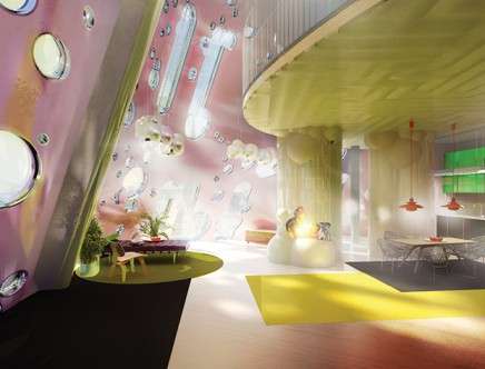 Luciano Peirone UDRIOT, "Stockholm Roofscape Revisited." Interior rendering, housing block Vakteln.