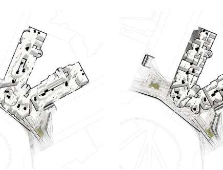 Luciano Peirone UDRIOT, "Stockholm Roofscape Revisited." Housing block Vakteln, public floor plan; fourth floor plan (1:400).