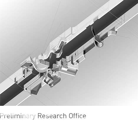 Preliminary Research Office, "Bulging Wall(s): Bauhaus Museum Dessau." Worm's-eye axonometric drawing. (Building as a bulging wall on site, two bulging walls to generate interior space.)
